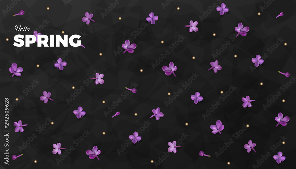 Black color floral banner background. Purple lilac flowers and petals luxury vector illustration, website template or premium card romantic design