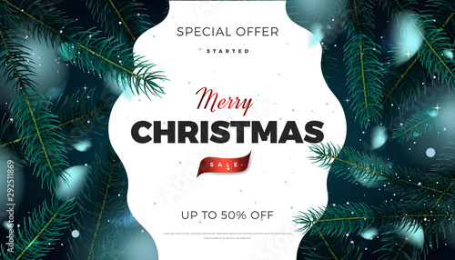 Merry Christmas natural background with fir tree green leaves