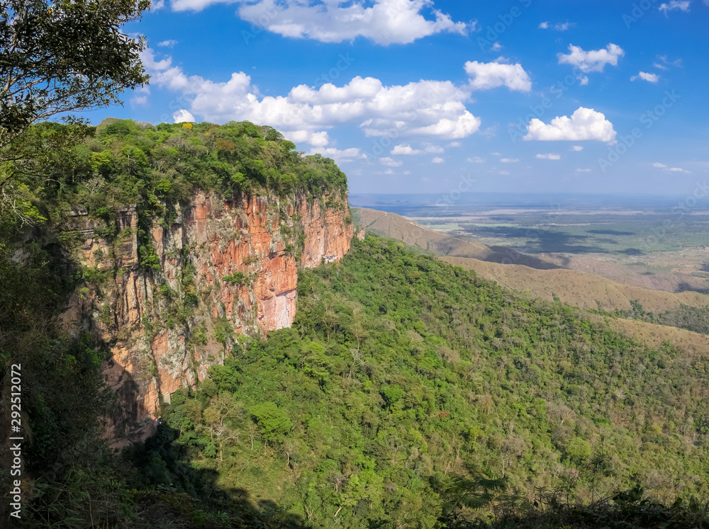 Panoramic view from top of cliffs in the afternoon light to valley, drone photography, Chapada dos Guimarães, Mato Grosso, Brazil, South America