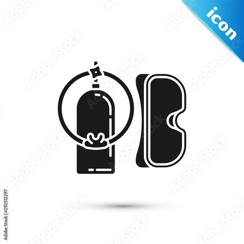 Black Diving mask and aqualung icon isolated on white background. Oxygen tank for diver. Extreme sport. Sport equipment. Vector Illustration