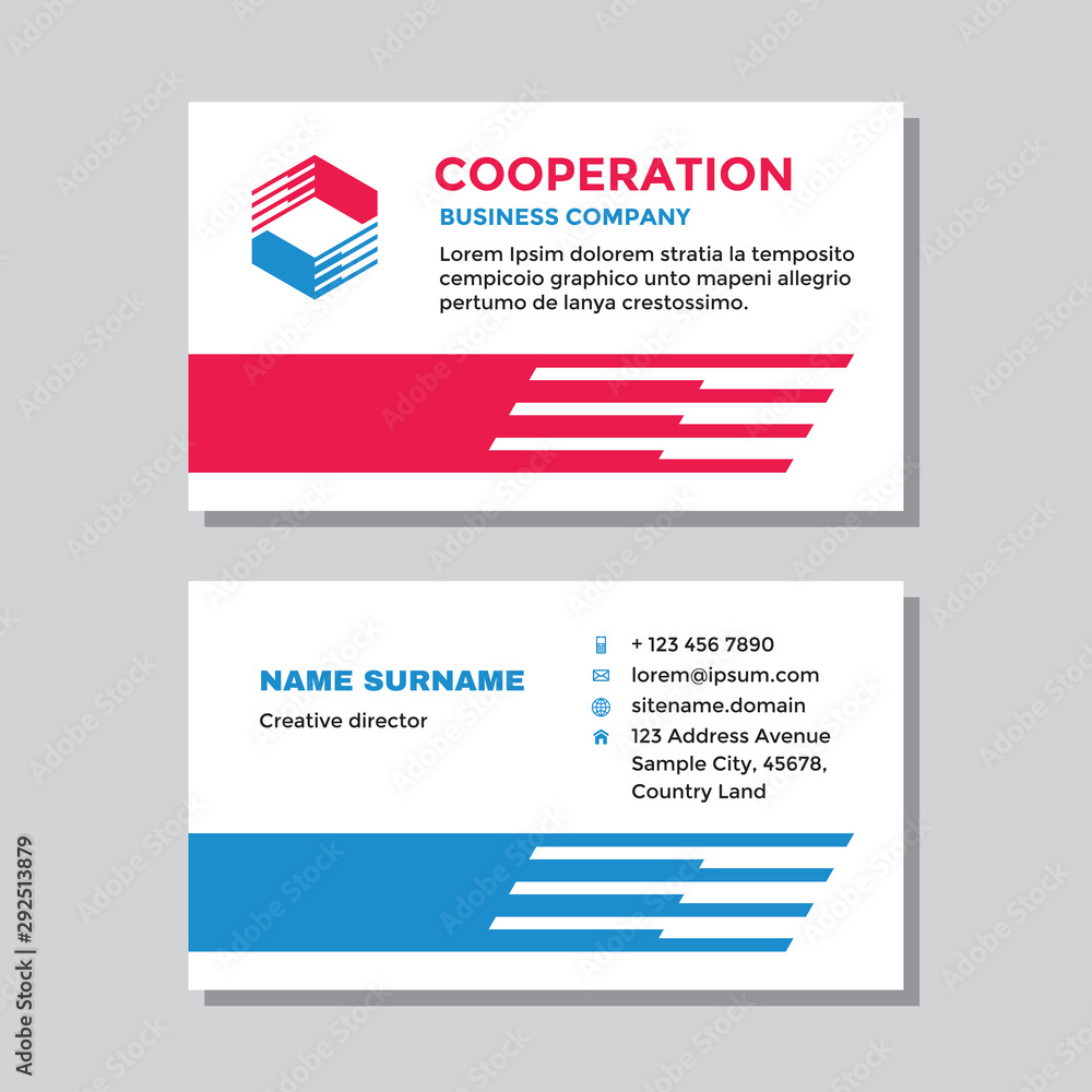 Business visit card template with logo - concept design. Abstract cooperation branding symbol. Vector illustration. 