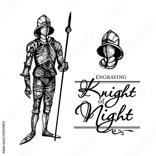 Knight armour engraving vector illustration. Black and white hand drawn image.