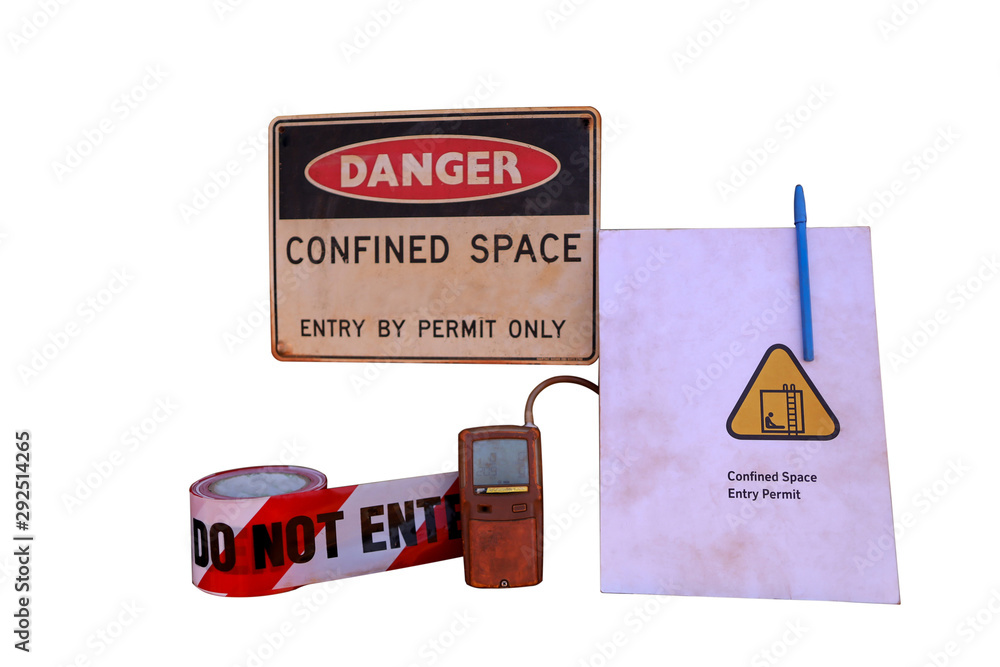 Danger confined space entry by permit only warning sign, barricade danger tape, gas leak test atmosphere, permit book template, blue pen at the confined space entry door with white background Danger confined space entry by permit only warning sign, barricade danger tape, gas leak test atmosphere, permit book template, blue pen at the confined space entry door with white background