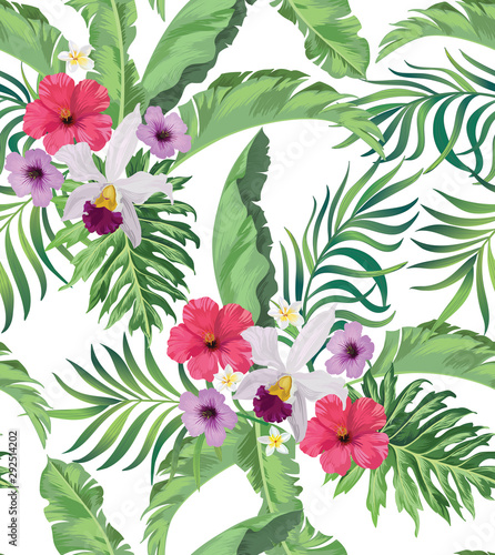 Fototapeta Naklejka Na Ścianę i Meble -  Seamless topical pattern. Jungle vector background with flowers and palm leaves.