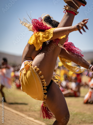 Dancing Zulu woman wear traditional cloth, South Africa