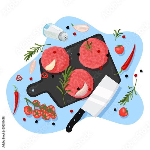 Cooking cutlets for burger, vector top view illustration. Cutting board with raw homemade cutlet, spices and ingredients