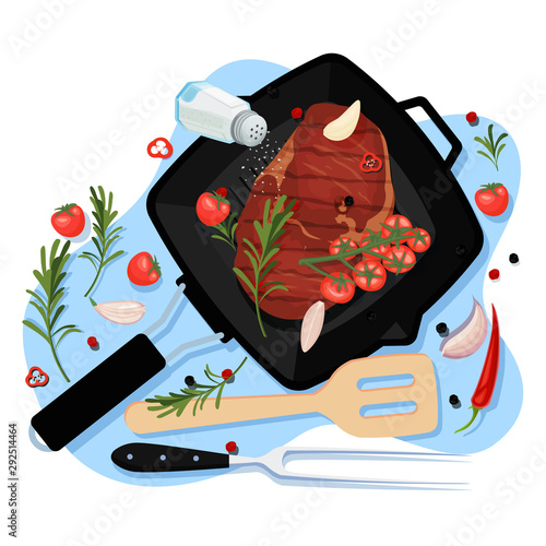 Cooking beef filet, vector top view illustration. Black grill pan with fried ribeye steak, pork, spices and ingredients