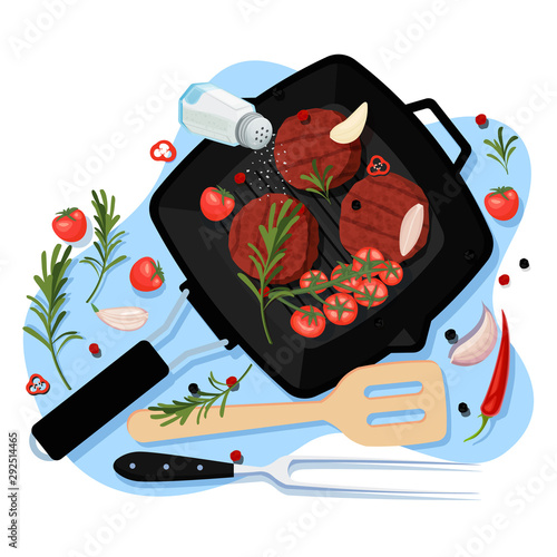 Cooking cutlets for burger, vector top view illustration. Grill pan with fried homemade cutlet, spices and ingredients