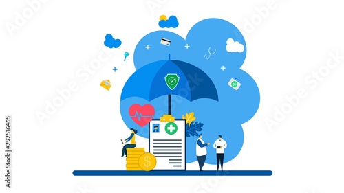 Website or landing page of Health insurance with Tiny People Character Concept Vector Illustration, Suitable For web landing page,Wallpaper, Background, Card, banner,Book Illustration
