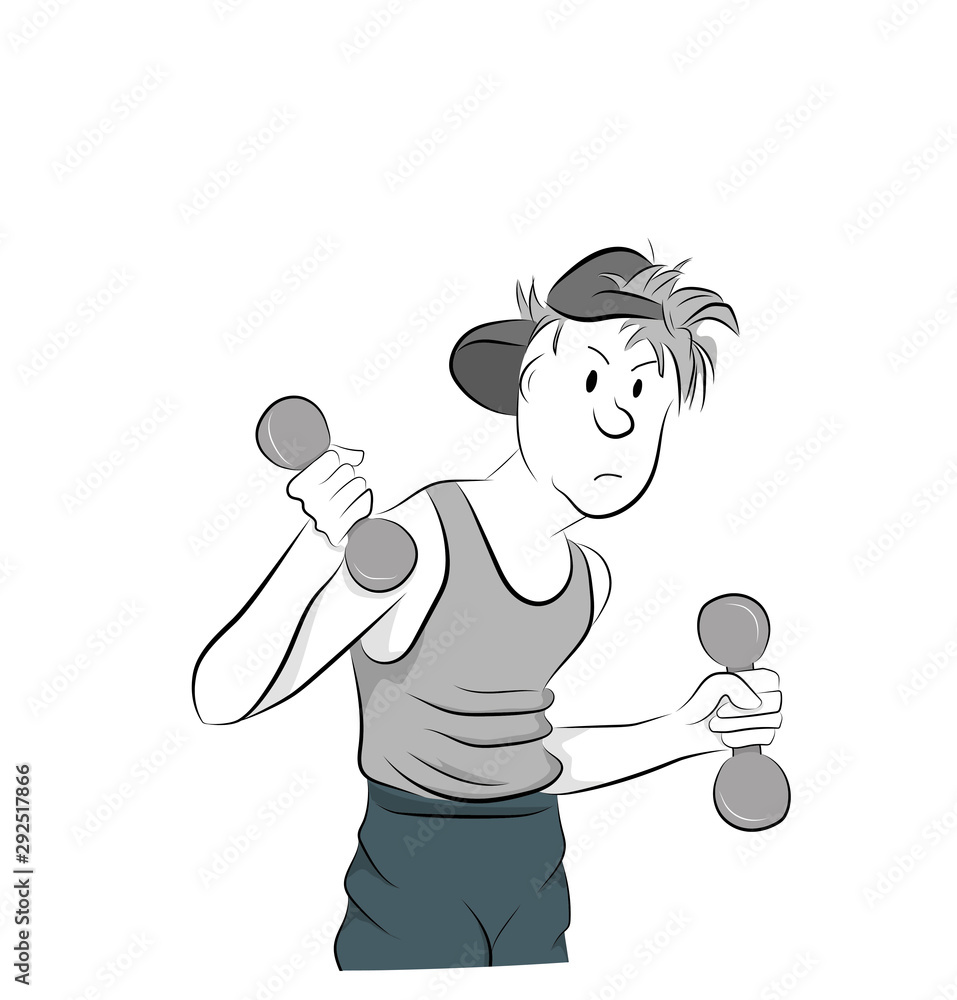 Weak Man Exercising with Dumbbells , Physical Workout Training, Active Healthy Lifestyle Vector Illustration Weak Man Exercising with Dumbbells , Physical Workout Training, Active Healthy Lifestyle Vector Illustration