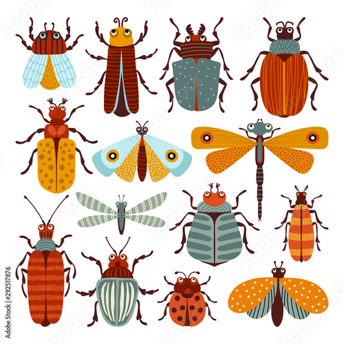 Fényképezés Set of illustrations with beetles and butterflies