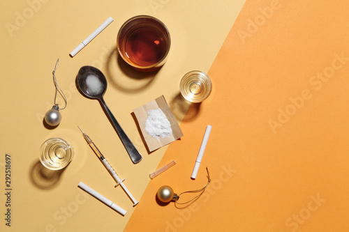 cocaine in paper and equipment on color background, Background from cocaine party