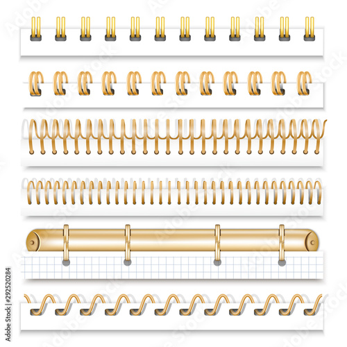 A set of gold springs for notebooks and calendars. Spiral bindings for sheets of paper. Isolated on white background, vector illustration.