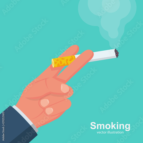 Cigarettes in hand man. Smoker holds a smoking cigarette. Vector illustration flat design. Isolated on background. Bad habits. Dangers of smoking.