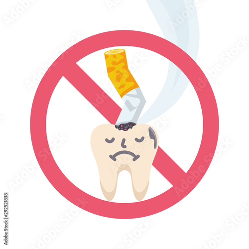 Stop sign smoking. Harm of smoking for dental health. Vector illustration flat design. Isolated on white background. Cigarette butt and yellow sore tooth.