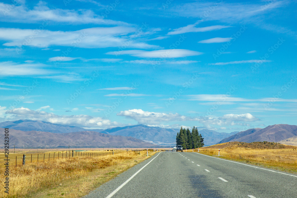 asphalt road through Canterbury region of New Zealand asphalt road through Canterbury region of New Zealand