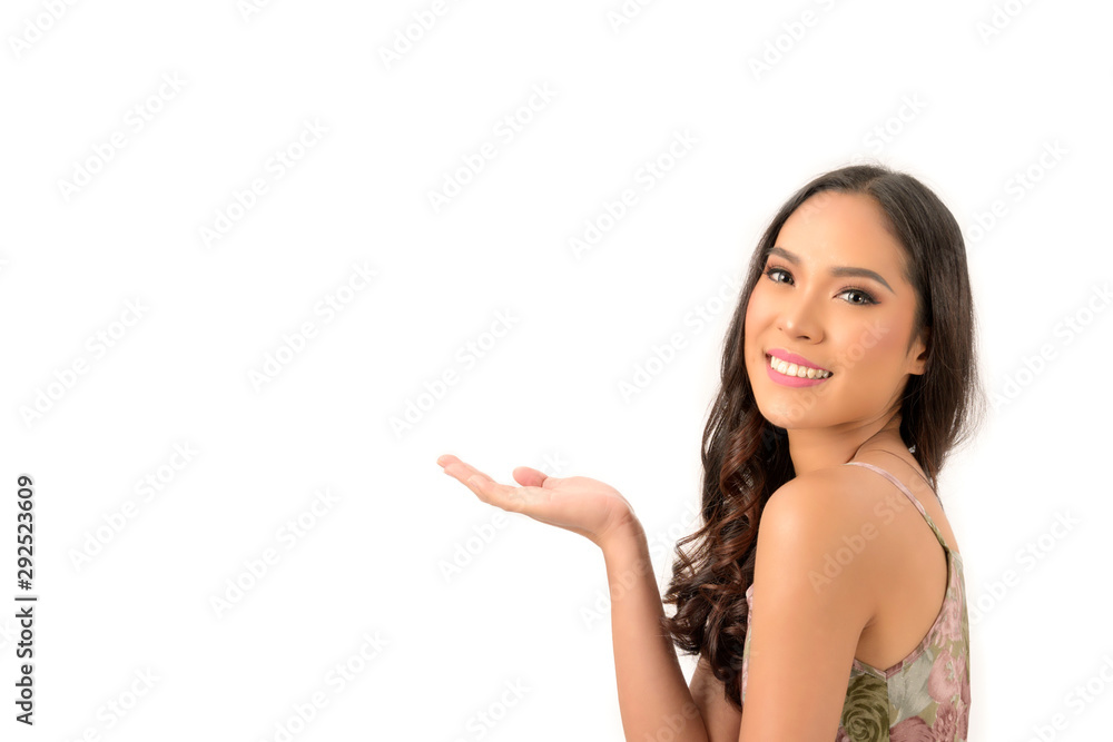 Beautiful Asian Woman hand up present on isolated white background Beautiful Asian Woman hand up present on isolated white background
