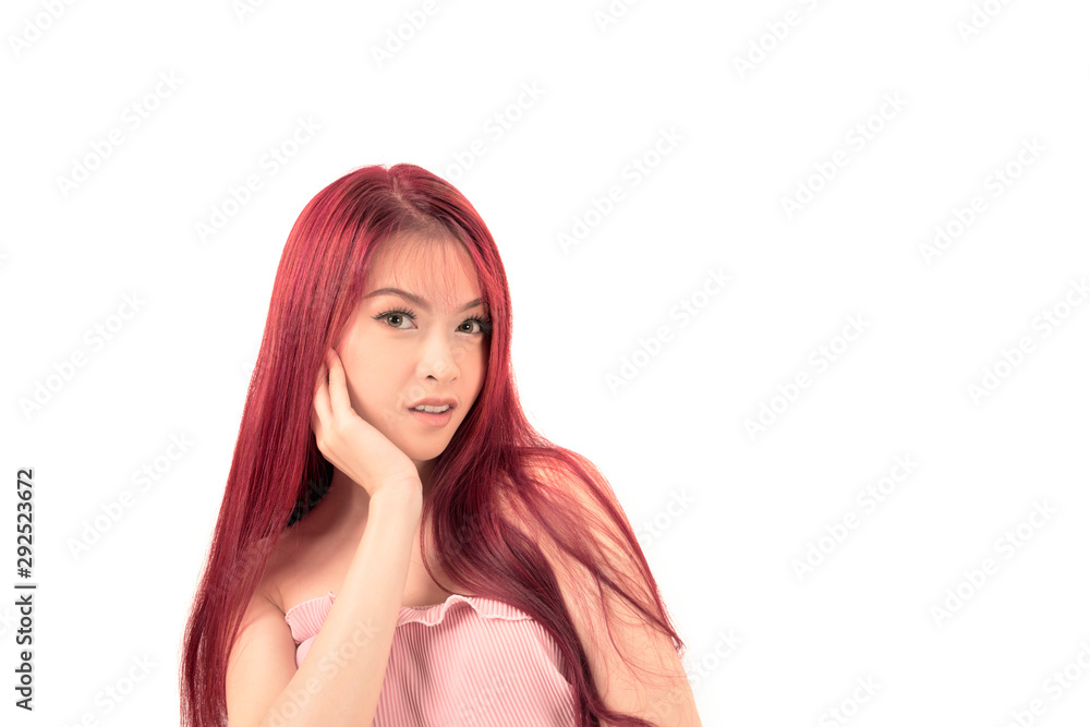 Beautiful young asian woman with red long hair surprise face on white background, isolated Beautiful young asian woman with red long hair surprise face on white background, isolated