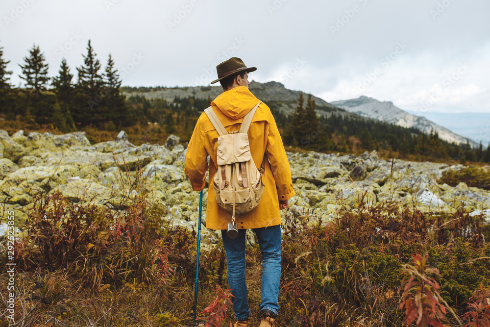 stylish guy observing beautiful valley with stones and forest, close up back view photo, hobby, interest stylish guy observing beautiful valley with stones and forest, close up back view photo, hobby, interest