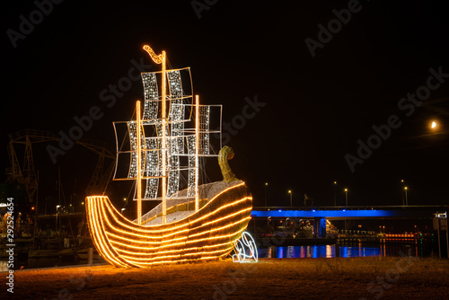 Szczecin, Poland-August 2018: Grodzka Island decorated with Christmas illuminations
