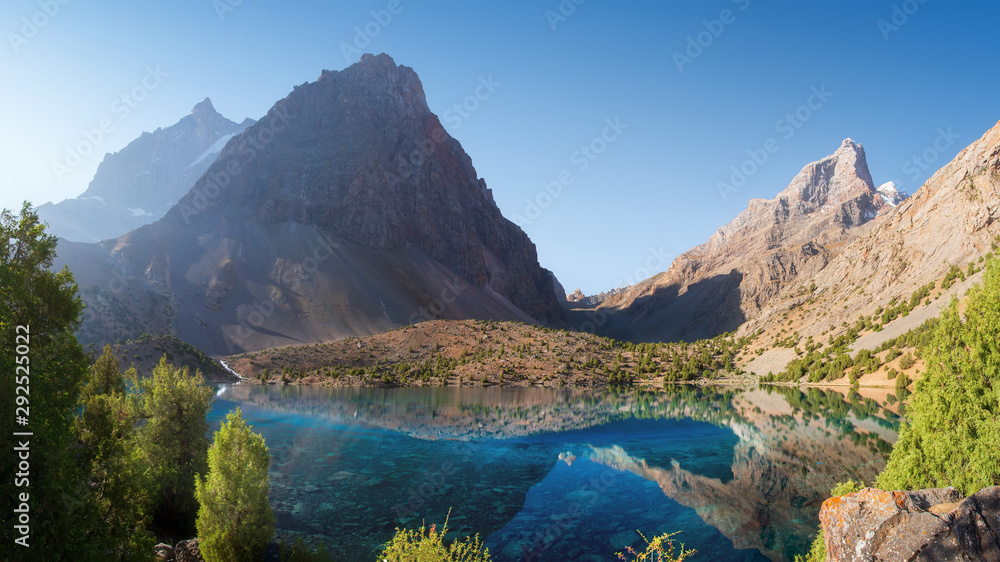 Turquoise lakes in Fann mountains, Tajikistan. Alaudin lake. Pamir Alay mountain landscape on clear morning