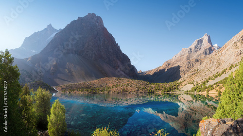 Turquoise lakes in Fann mountains  Tajikistan. Alaudin lake. Pamir Alay mountain landscape on clear morning