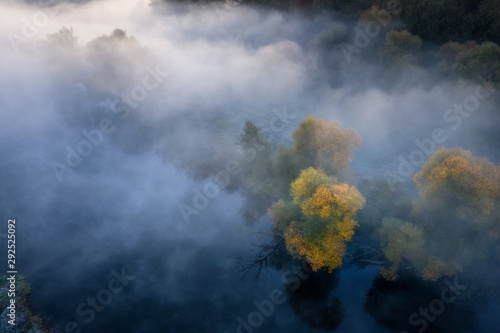 Autumn nature aerial view. Yellow autumnal trees in fog from above. October nature landscape in misty morning. Autumn background over mist river © dzmitrock87