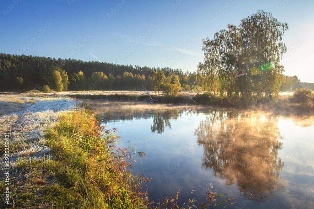 Fototapeta premium Autumn nature. Fall landscape. Calm scene on river side in misty morning at sunrise. Beautiful october foggy morning. Trees on river shore in bright sunlight.