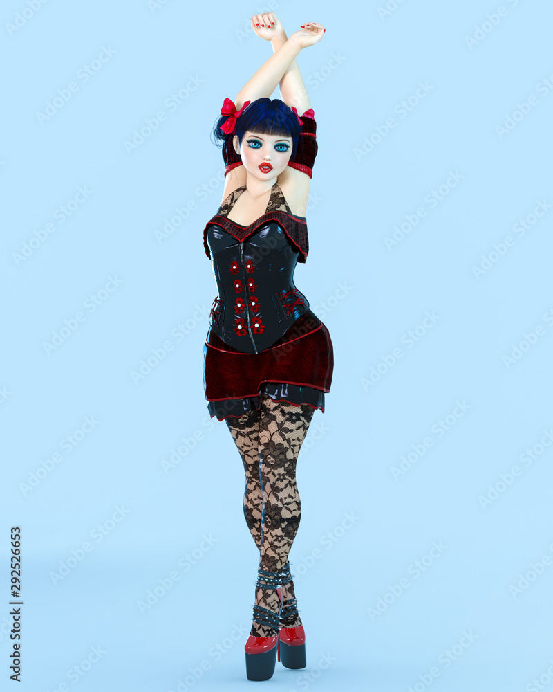 3D girl doll big blue eyes and bright makeup.