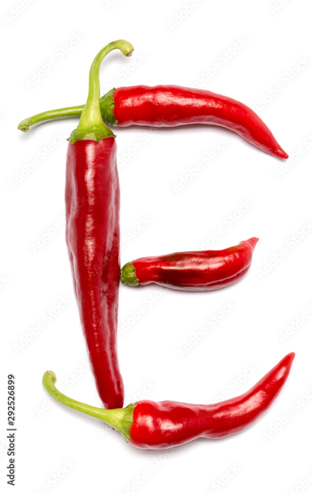 English alphabet made of chili peppers on white background. Font made of hot red chili pepper isolated - letter E.