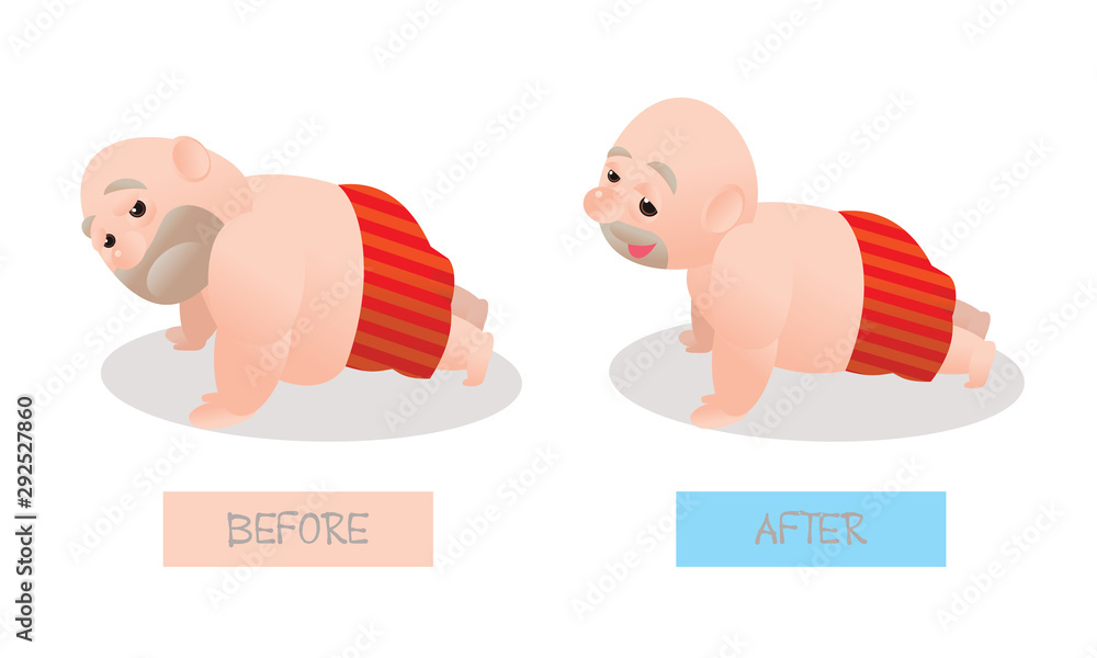 Funny vector illustration of fat bald man doing excercising. Concept of  Strong healthy fat man. cartoon compare before and after Stock Vector |  Adobe Stock
