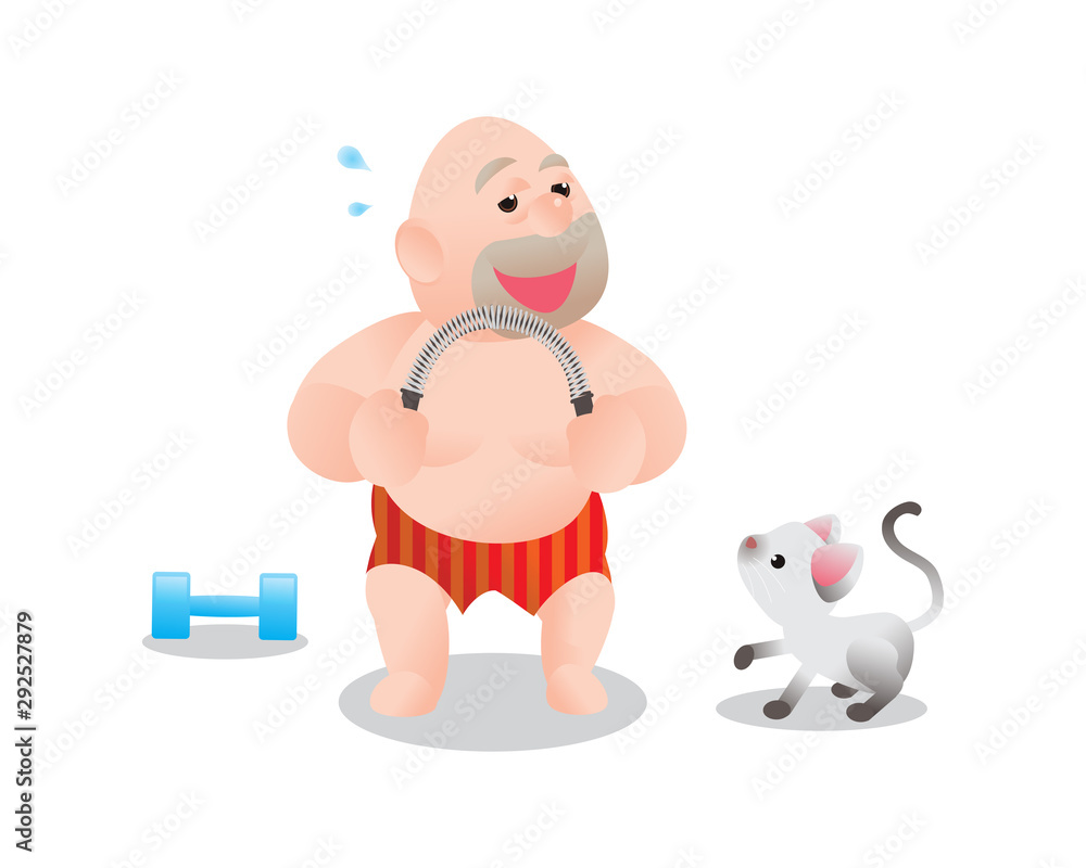 Funny vector illustration of fat bald man doing excercising with Power  Twister Bar. Concept of Strong healthy fat man. cartoon get feel better  smile Stock Vector | Adobe Stock