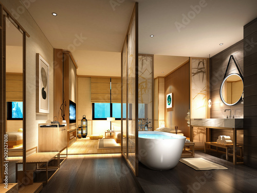 3d render of luxury hotel suite with bath tub
