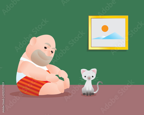 Funny vector illustration of fat bald man doing sit up excercising. Poor man lift  his torso up try to touch his foot. Concept of Strong healthy fat man. feel better cartoon