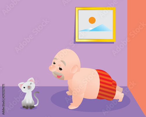 Funny vector illustration of fat bald man doing excercising and get fill better. Concept of Strong healthy fat man. cartoon