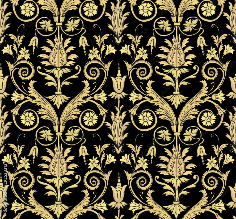 Print with gold flowers and baroque leaves on a black background. Vector seamless pattern. Print with gold flowers and baroque leaves on a black background. Vector seamless pattern.