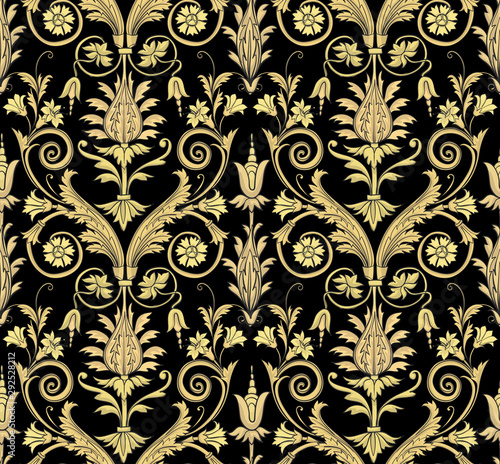 Print with gold flowers and baroque leaves on a black background. Vector seamless pattern. photo