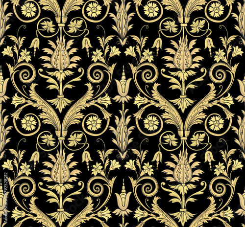 Print with gold flowers and baroque leaves on a black background. Vector seamless pattern.