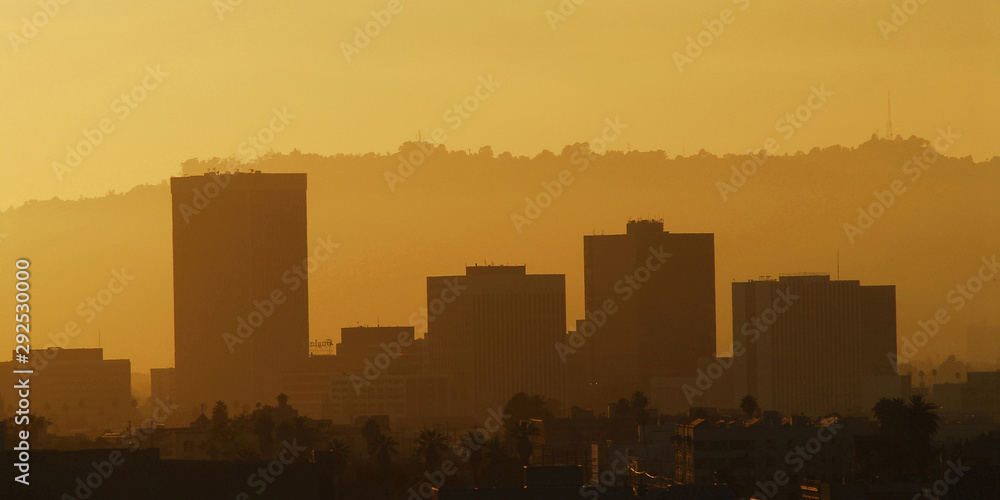 Usa, California Los Angeles, Downtown cityscape at sunset