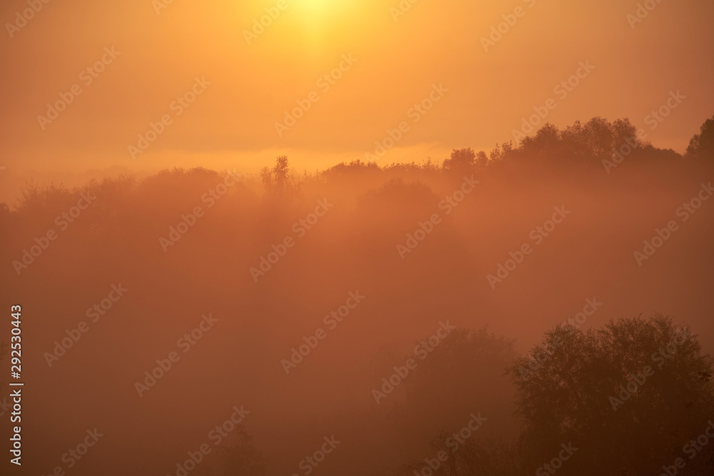 The sky at sunrise, dense fog on the meadow in early morning