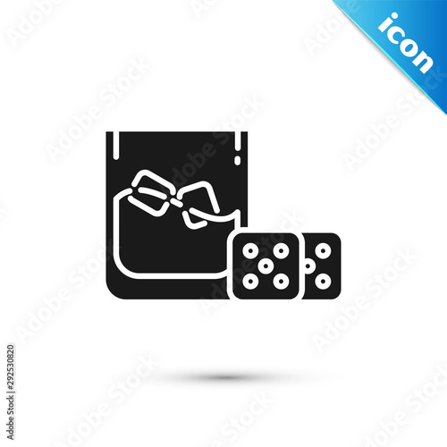 Black Game dice and glass of whiskey with ice cubes icon isolated on white background. Casino gambling. Vector Illustration