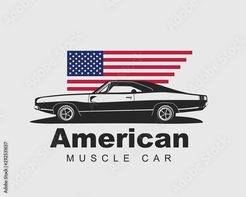 American muscle car vector. Supercar garage logo template. Old auto silhouette label.