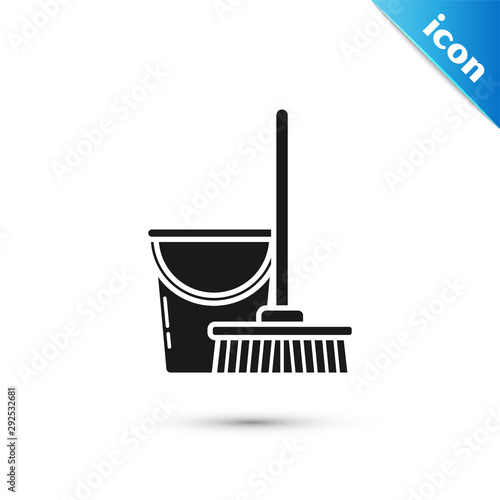 Black Mop and bucket icon isolated on white background. Cleaning service concept. Vector Illustration