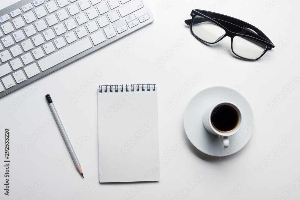 Office desk table with supplies. Flat lay Business workplace and objects. Top view. Copy space for text Office desk table with supplies. Flat lay Business workplace and objects. Top view. Copy space for text