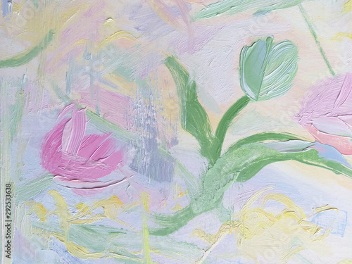 Oil paintinted pastel colors flowers. Brush strokes texture on canvas. White green and pink creative artistic background.