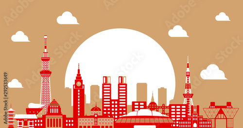Tokyo skyline flat vector illustration. Tokyo landmark buildings / 2 tone color (red & gold)