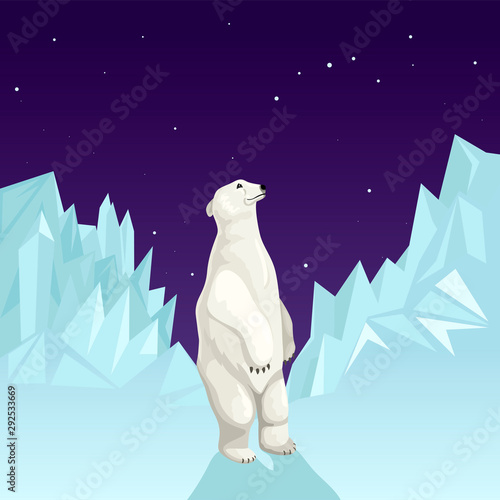 White polar bear among mountains of ice. He looks at the sky at the stars. Vector drawing illustration