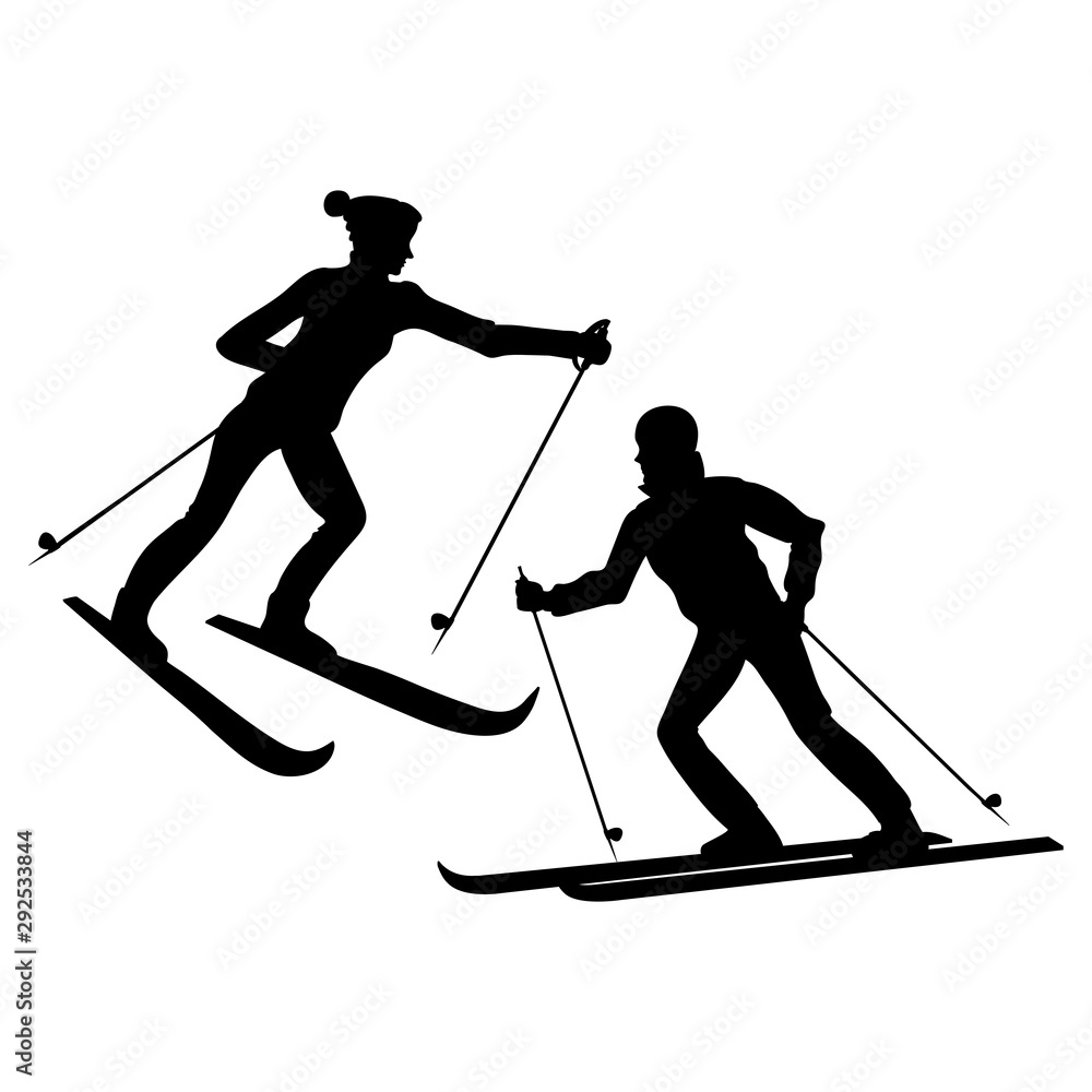 Fototapeta premium Silhouette of a woman and man skier, black isolated vector object on white background