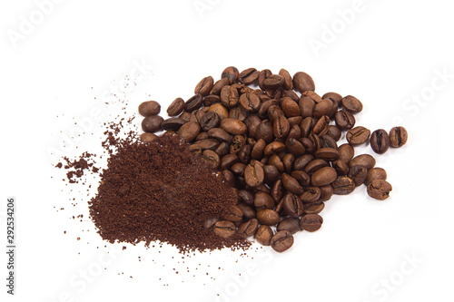 Coffee beans and ground on white background on white background