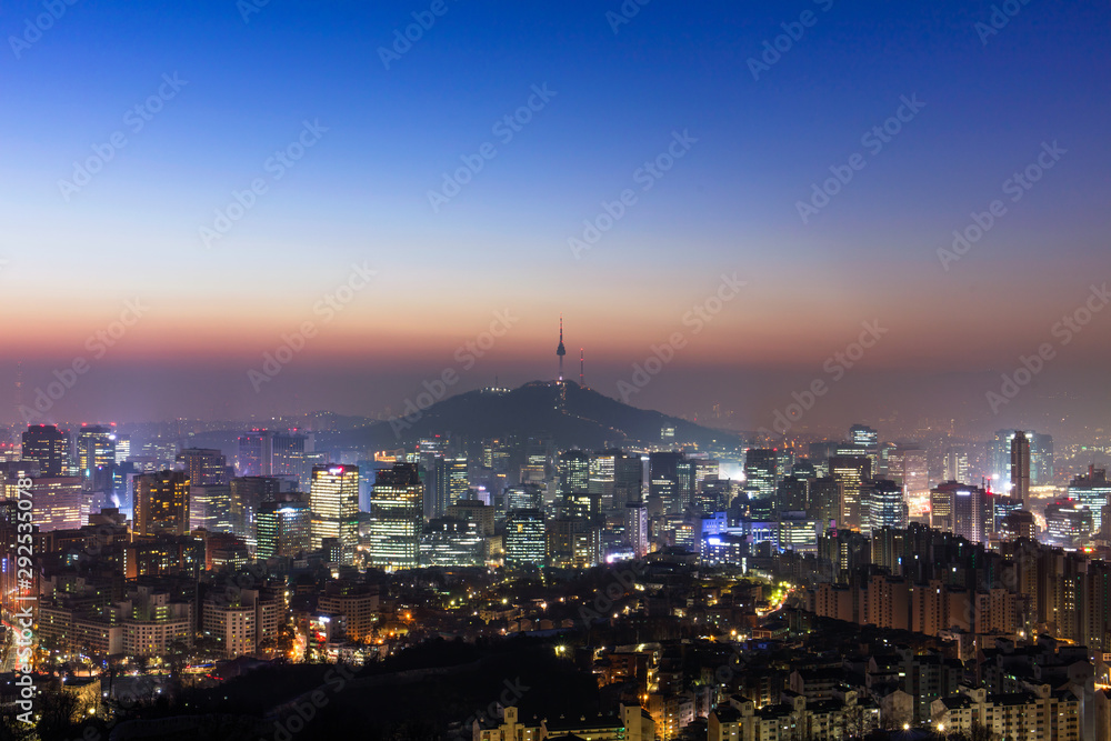 Sunrise morning at Seoul South Korea City Skyline with seoul tower.